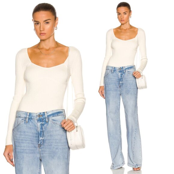 Frame Long Sleeve Top Rib Knit Fitted Scooped Square Neckline Size Small In Bone - Picture 1 of 10